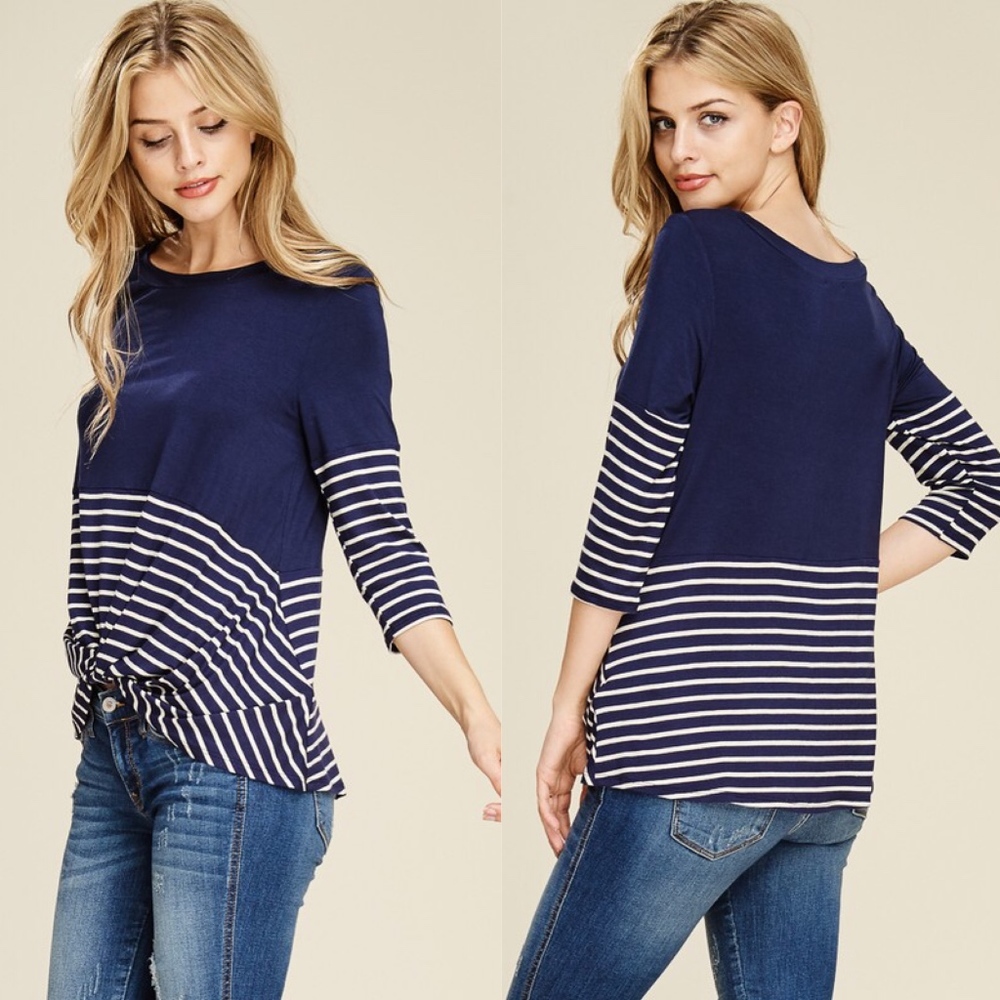 DELILAH Stripe 3/4 Sleeve Top - Navy - Picture 2 of 2